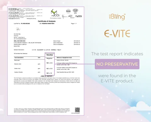 MyCO2 test report for E-VITE chewable tablet: boric, benzoic and sorbic acid and sulphur dioxide not detected