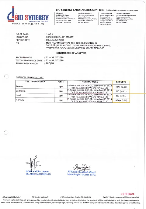 Bio Synergy Laboratories certificate of analysis for EROJAN: arsenic, cadmium, lead and mercury not detected