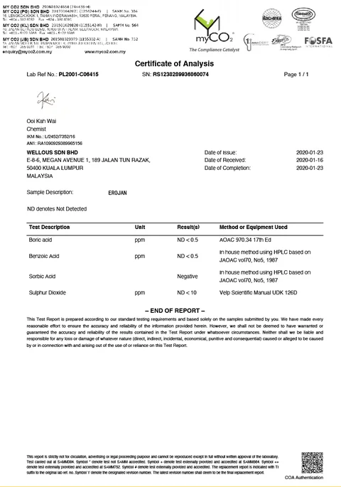 MY CO2 certificate of analysis for EROJAN: boric, benzoic and sorbic acid and sulphur dioxide not detected