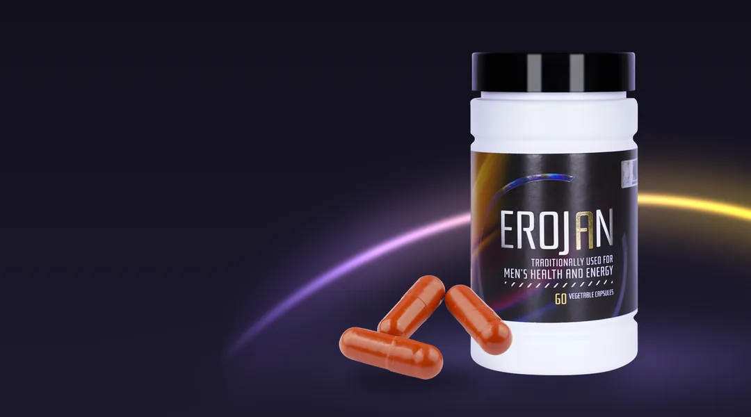 A bottle of EROJAN with capsules beside it.
