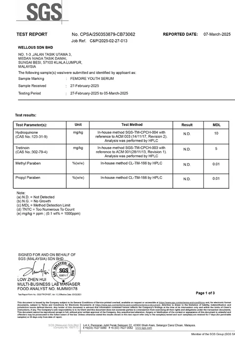 SGS test report for FEMOIRE Youth Serum: hydroquinone, tretinoin and parabens not detected