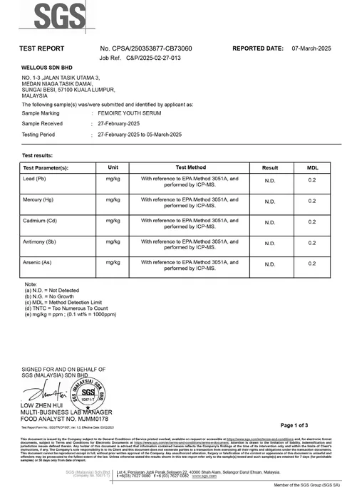 SGS test report for FEMOIRE Youth Serum: lead, mercury, cadmium, antimony and arsenic not detected