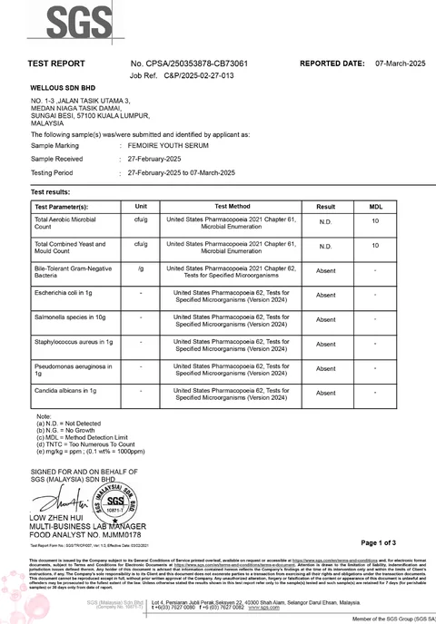 SGS test report for FEMOIRE Youth Serum: no pathogenic microbes detected