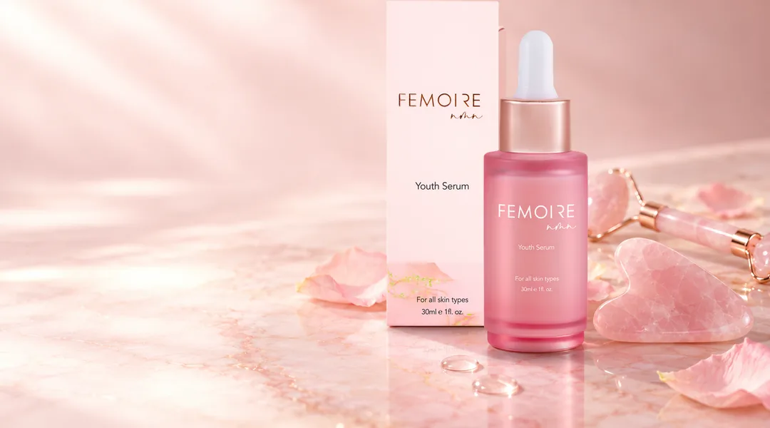 FEMOIRE Youth Serum with its box and the rose quartz stone.