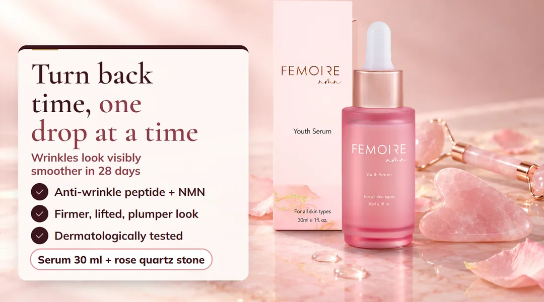 FEMOIRE Youth Serum 30 ml with its box and the rose quartz Rose Beauty Stone: smooths the look of expression lines, with 3rd Gen Youth Peptide, NMN and 8 hyaluronic acids.