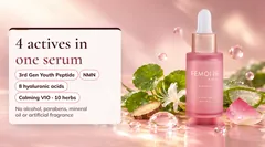 A drop of FEMOIRE Youth Serum. Inside: 3rd Gen Youth Peptide, NMN, 8 types of hyaluronic acid and Calming VIO, 10 herbal extracts.