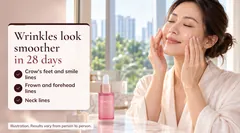 A woman smoothing serum onto her face. One drop where the lines show: crow's feet, smile lines, frown lines, forehead and neck.