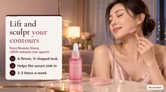 A woman gliding the rose quartz stone along her jaw. Lift the look of your contours: the stone helps the serum absorb, 2-3 times a week.