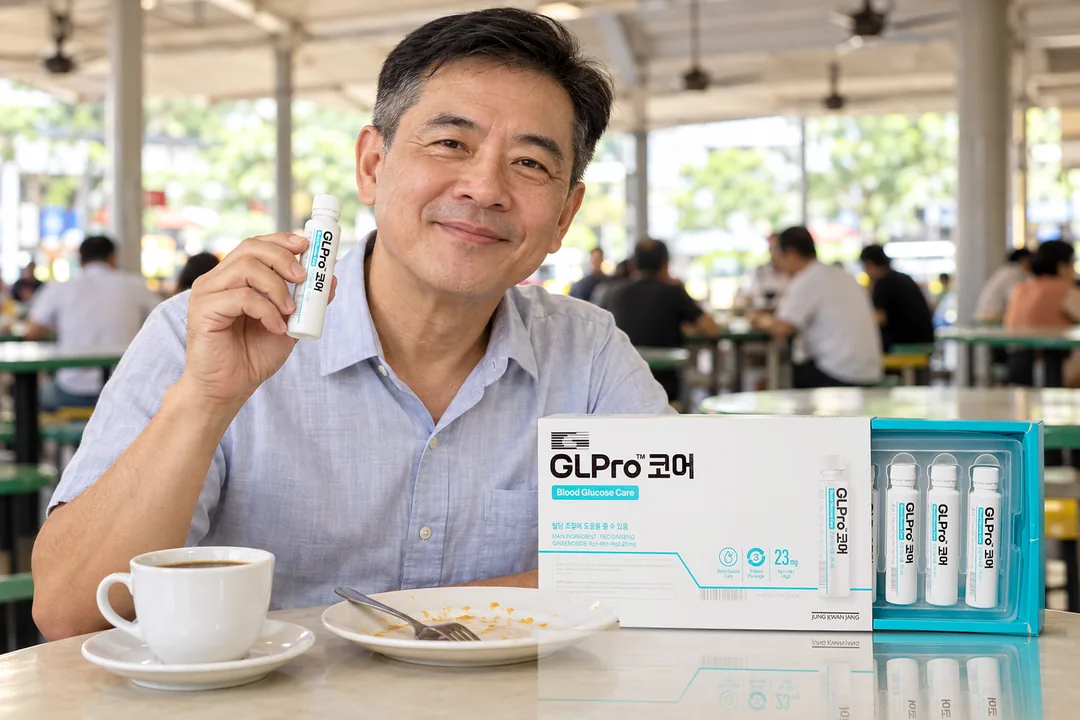 A man in his fifties at a hawker centre table after lunch, holding a bottle of GL Pro Core beside the open box