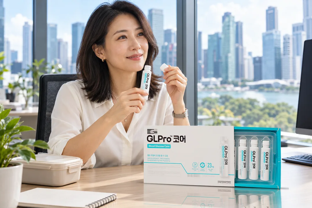 A woman at her office desk after lunch, opening a bottle of GL Pro Core, the open box beside her