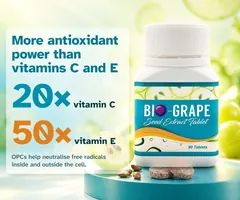 More antioxidant power than vitamins C and E: 20 times vitamin C, 50 times vitamin E. OPCs help neutralise free radicals inside and outside the cell.