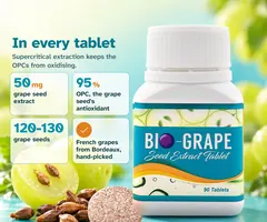 In every tablet: 50 mg of grape seed extract, 95% OPC, from 120-130 grape seeds; French grapes from Bordeaux, hand-picked. Supercritical extraction keeps the OPCs from oxidising.