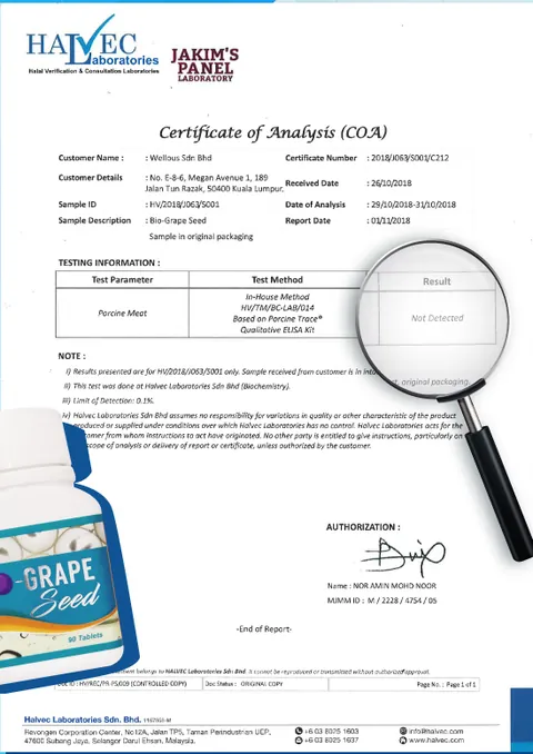 Halvec Laboratories certificate of analysis: porcine not detected in Bio-Grape Seed