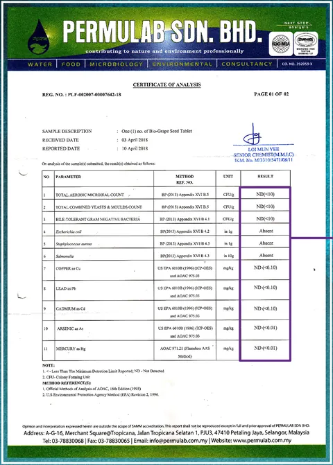 Permulab certificate of analysis: no microbes and no heavy metals detected in the Bio-Grape Seed tablet