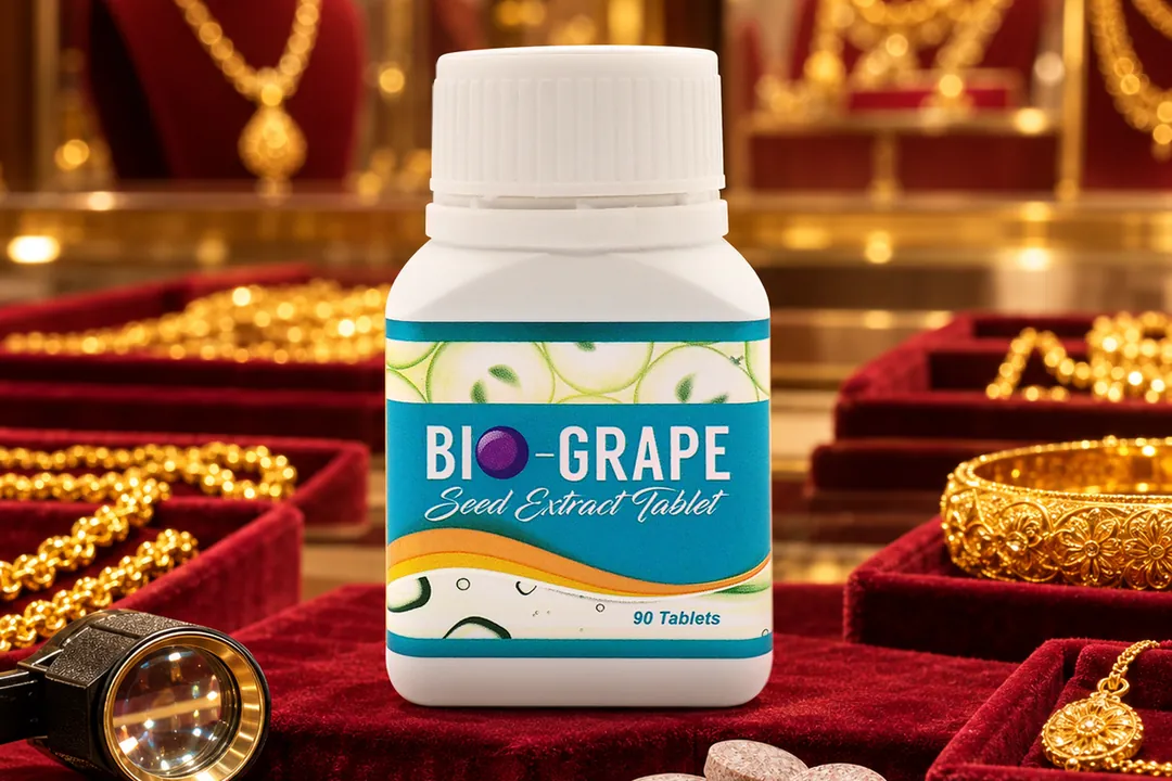 A bottle of BIO-GRAPE Seed Extract Tablet on red velvet in a lit goldsmith's window, with gold chains, a bangle and a pendant around it