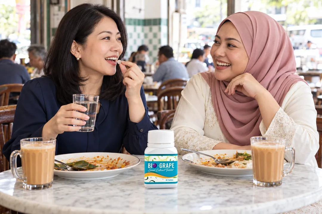 Illustration: two friends after lunch at a kopitiam, one taking a BIO Grape Seed tablet with water, the bottle on the marble table.