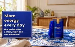 Illustration: the Hayyiba tin and a sachet on a blue batik runner at the breakfast table. More energy every day. One sachet after a meal, sweet and sour calamansi.
