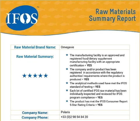IFOS raw materials summary report: Omegavie fish oil by Polaris, 5 stars