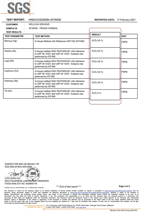 SGS test report: mercury, arsenic, lead, cadmium, antimony and tin not detected in TIGROX HOMEGA