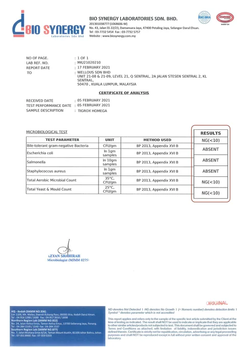 Bio Synergy Laboratories certificate of analysis: no E. coli, Salmonella or S. aureus and no microbial growth in TIGROX HOMEGA