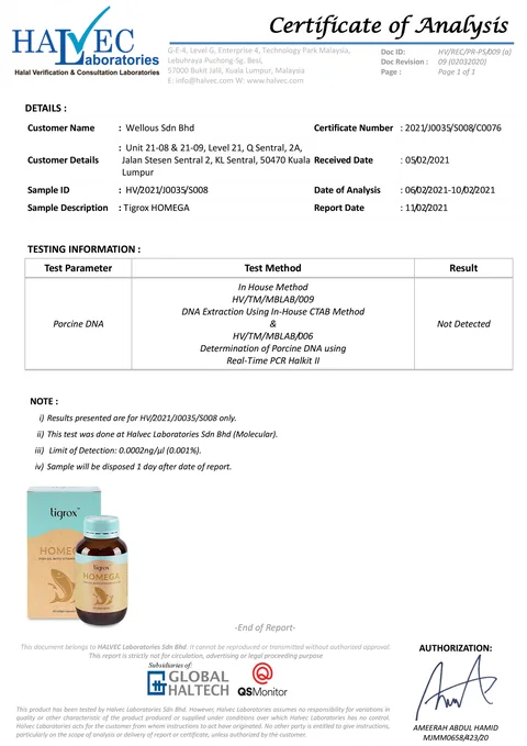 Halvec Laboratories certificate of analysis: porcine DNA not detected in TIGROX HOMEGA