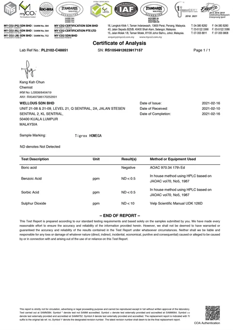 MyCO2 certificate of analysis: boric acid, benzoic acid, sorbic acid and sulphur dioxide not detected in TIGROX HOMEGA