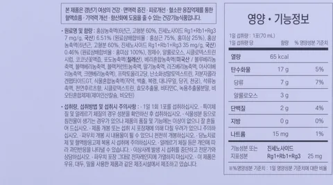 The back of the Korean box: the six functions, ingredients, directions and the nutrition panel with 25 mg ginsenosides Rg1+Rb1+Rg3 per sachet