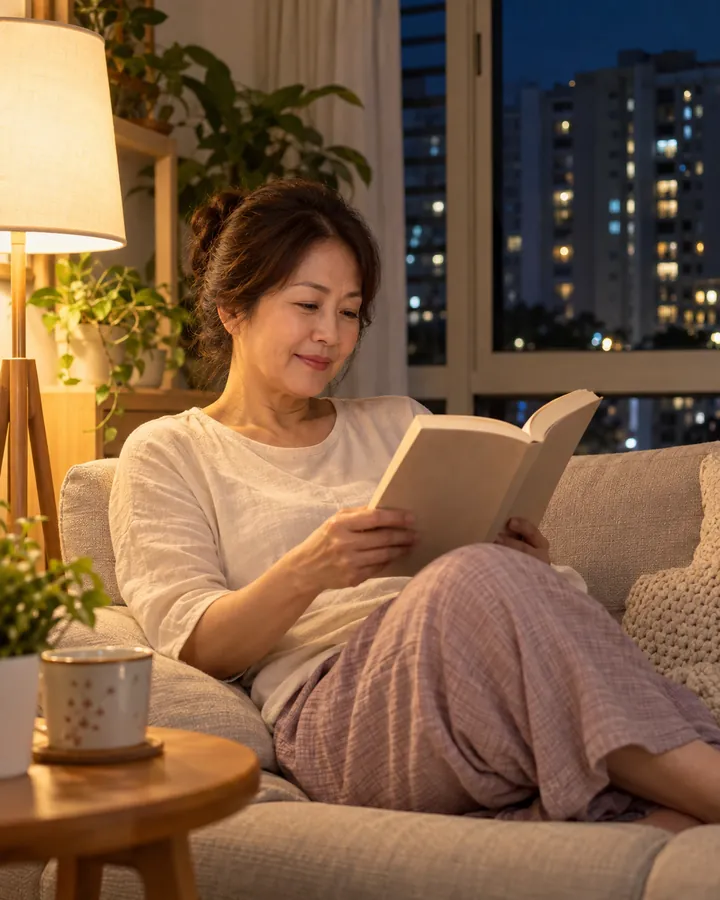 A Singaporean woman in her late fifties reading on the sofa at home at night, calm, lamplight, HDB blocks outside