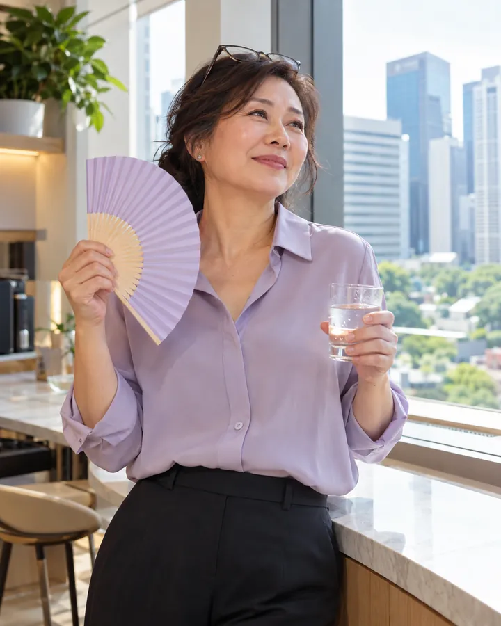 A Singaporean woman of about 50 in an office pantry, fanning herself with a lilac paper fan, a glass of water in her other hand