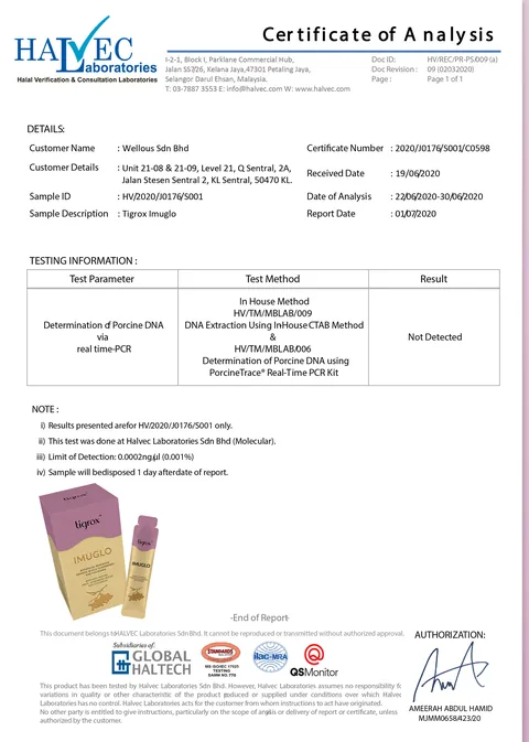 Halvec Laboratories certificate of analysis: porcine DNA not detected in Tigrox Imuglo