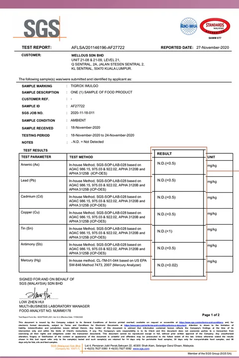 SGS Malaysia test report: no heavy metals detected in TIGROX IMUGLO
