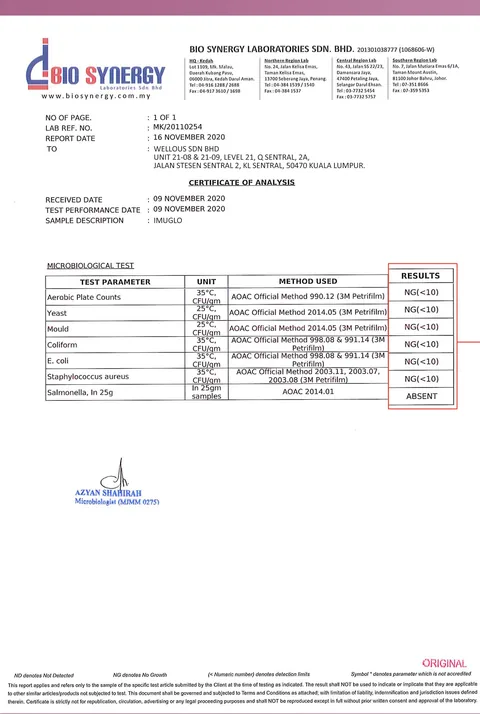 Bio Synergy Laboratories certificate of analysis: no harmful microbes in IMUGLO