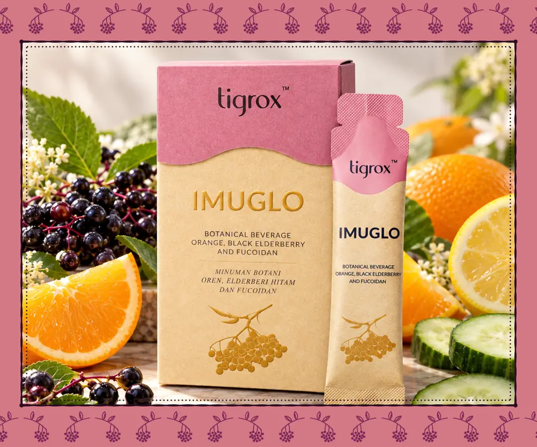 TIGROX IMUGLO box and sachet with black elderberries, orange and lemon. One sachet a day for stronger, balanced immune defence.