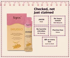 JAKIM Halal, no heavy metals (SGS Malaysia), no harmful microbes (Bio Synergy), porcine-free (Halvec) and a QR sticker on every box.