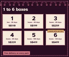 Prices: 1 box S$110, 2 boxes S$199, 3 boxes S$259, 4 boxes S$339, 5 boxes S$419, 6 boxes S$499. Free delivery.