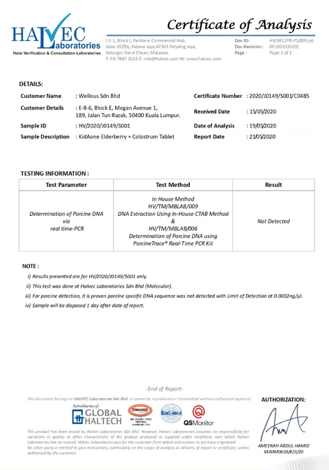 Halvec Laboratories certificate of analysis for KidAOne Elderberry + Colostrum: porcine DNA not detected