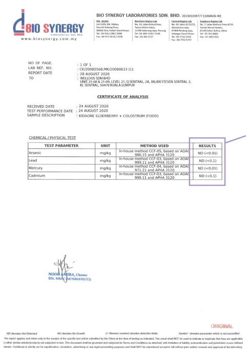 Bio Synergy Laboratories certificate of analysis for KidAOne Elderberry + Colostrum: arsenic, cadmium, lead and mercury not detected