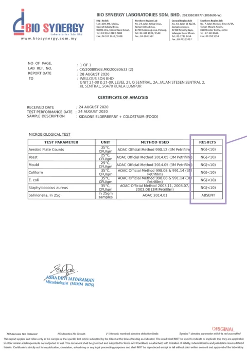 Bio Synergy Laboratories certificate of analysis for KidAOne Elderberry + Colostrum: no harmful microbes found