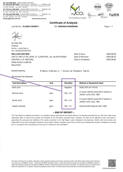 MyCO2 certificate of analysis for KidAOne Elderberry + Colostrum: no preservatives detected
