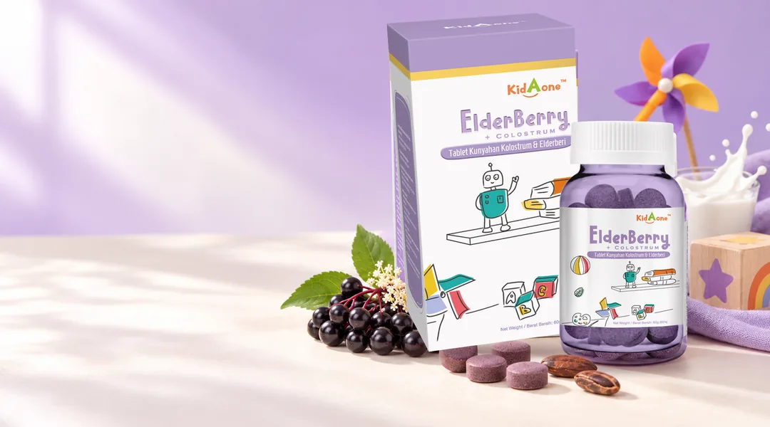 A bottle and box of KidAOne Elderberry + Colostrum.