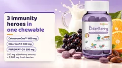 Three branded ingredients: ColostrumOne colostrum 600 mg with 25% IgG, ElderCraft black elderberry 100 mg, PUREWAY-C vitamin C 100 mg.