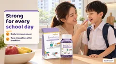 A mother giving her child a KidAOne chewable before school. Ready for school: daily immune support from the inside out.