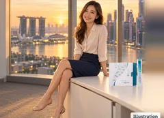 Illustration: a woman sitting on the edge of her office desk above Marina Bay at sunset, legs crossed, a Kuro Mizu box and a sachet beside her. Lighter legs after long hours. A slimmer-looking face, ankles and calves, as the extra water goes.