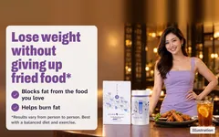 Illustration: a confident woman in a fitted lavender dress at a dinner, fried chicken wings on the table beside the Kuro Oiru box and jar. Lose weight without giving up fried food. Blocks fat from the food you love. Helps burn fat. Results vary from person to person. Best with a balanced diet and exercise.