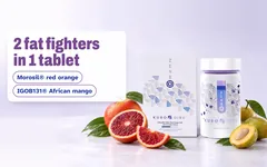 The ZENSO Kuro Oiru box and jar with Sicilian blood oranges and African mangoes. 2 fat fighters in 1 tablet: Morosil® red orange and IGOB131® African mango.