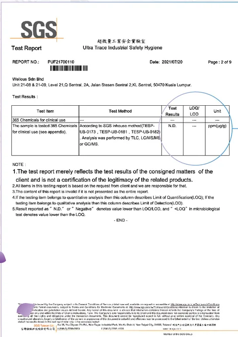 SGS test report page for Kuro Oiru: 365 drugs screened, none detected