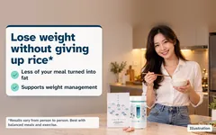 Illustration: a slim woman in her kitchen holding a bowl of rice and chopsticks, the Kuro Shuga box and jar on the counter. Lose weight without giving up rice. Less of your meal turned into fat; supports weight management. Results vary from person to person. Best with balanced meals and exercise.