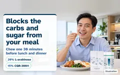 Illustration: a man at an office lunch of rice with fried chicken, greens and an egg, Marina Bay behind him, about to chew a Kuro Shuga tablet; the box and jar on the table. Blocks the carbs and sugar from your meal. Chew one 30 minutes before lunch and dinner. 20% L-arabinose, 15% CQR-300.