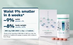 The Kuro Shuga box and jar with four tablets. Waist 9% smaller in 8 weeks: waist -9% (placebo -2%), body weight -8% (placebo -0.6%); 300 mg CQR-300 a day, the amount in 2 tablets. Study of the ingredient CQR-300 at 300 mg a day (67 people, 8 weeks). Not a study of Kuro Shuga.
