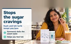 Illustration: a woman at a kopitiam at tea time, kueh and iced milk tea untouched in front of her, a Kuro Shuga tablet in her hand; the box and jar on the table. Stops the sugar cravings. Kueh and teh tarik tempt you less: gymnema dulls the sweet taste; helps you feel full.